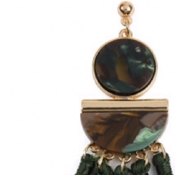 TURQUOISE GREEN TASSEL GOLD &BLACK RESIN EARRINGS - Picture 3 of 3